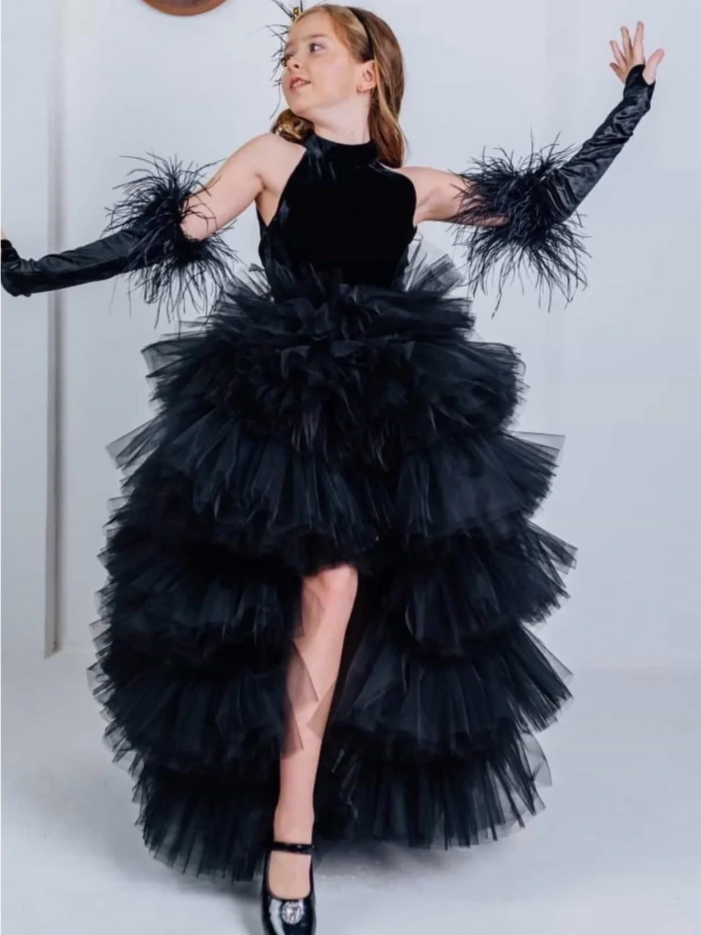 Girls Black Tiered Tulle High-Low Dress with Feather Trim